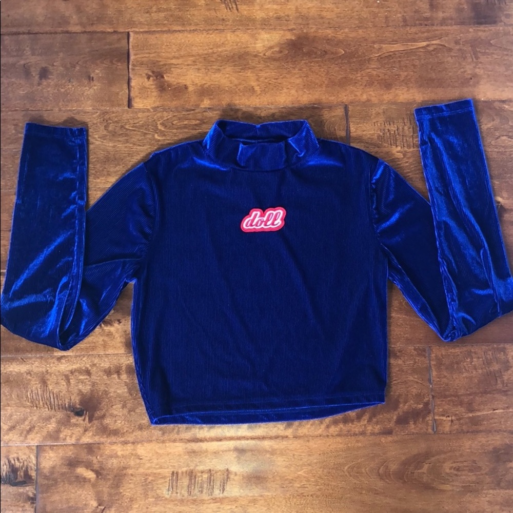 Electric blue velvet mock neck crop top